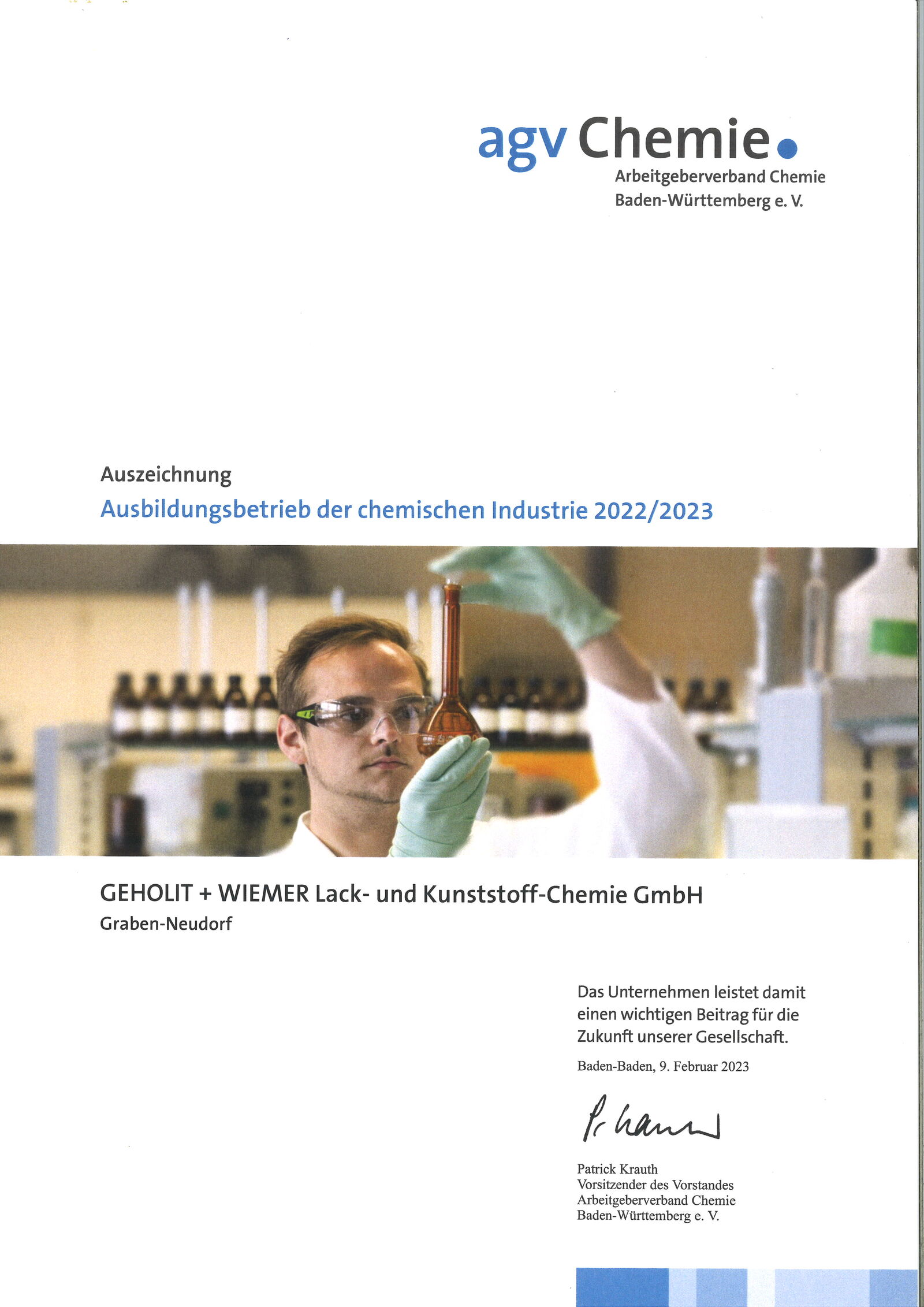 Auszeichnung des Arbeitgeberverbandes Chemie Baden-Württemberg e.V.