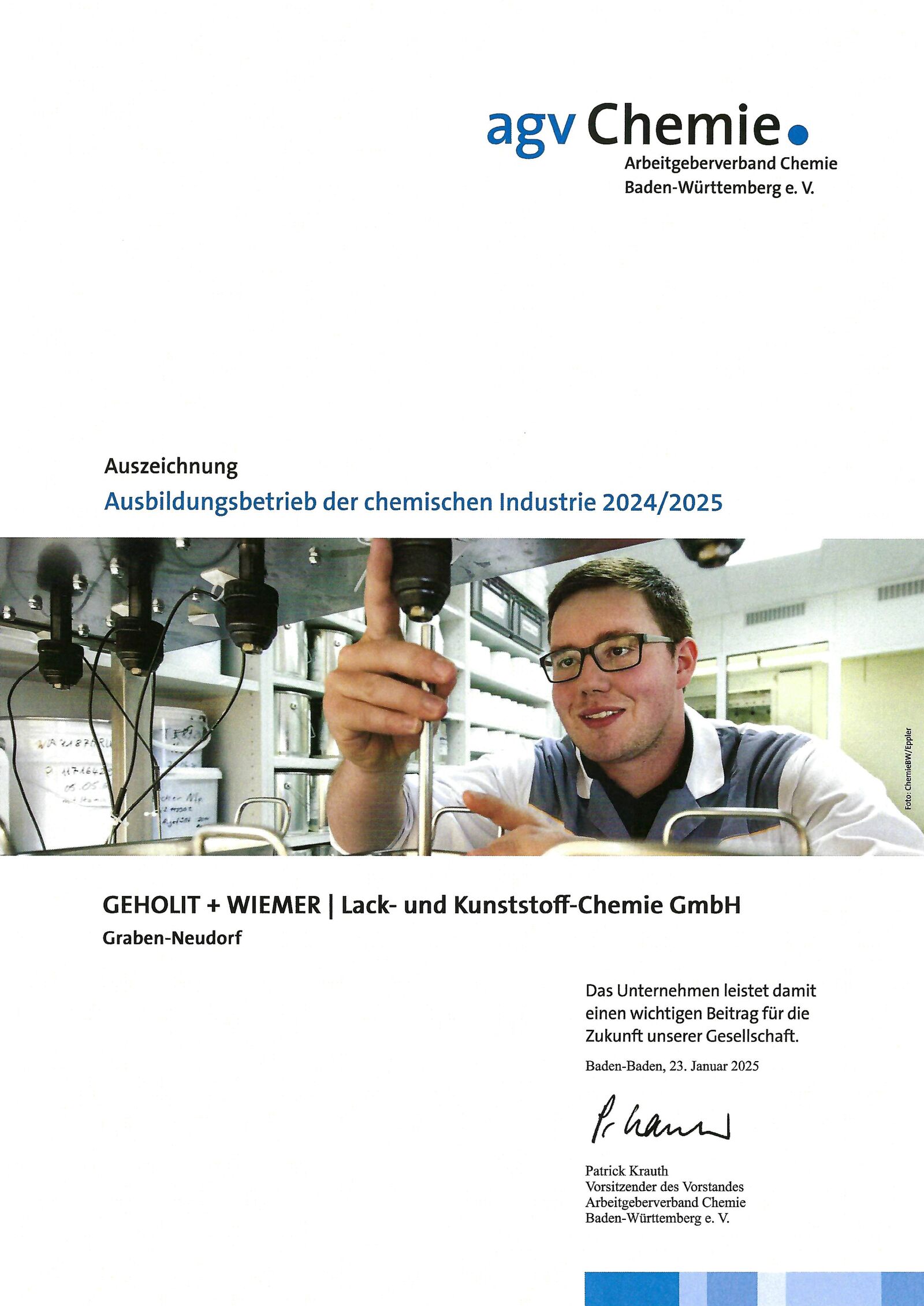 Auszeichnung des Arbeitgeberverbandes Chemie Baden-Württemberg e.V.